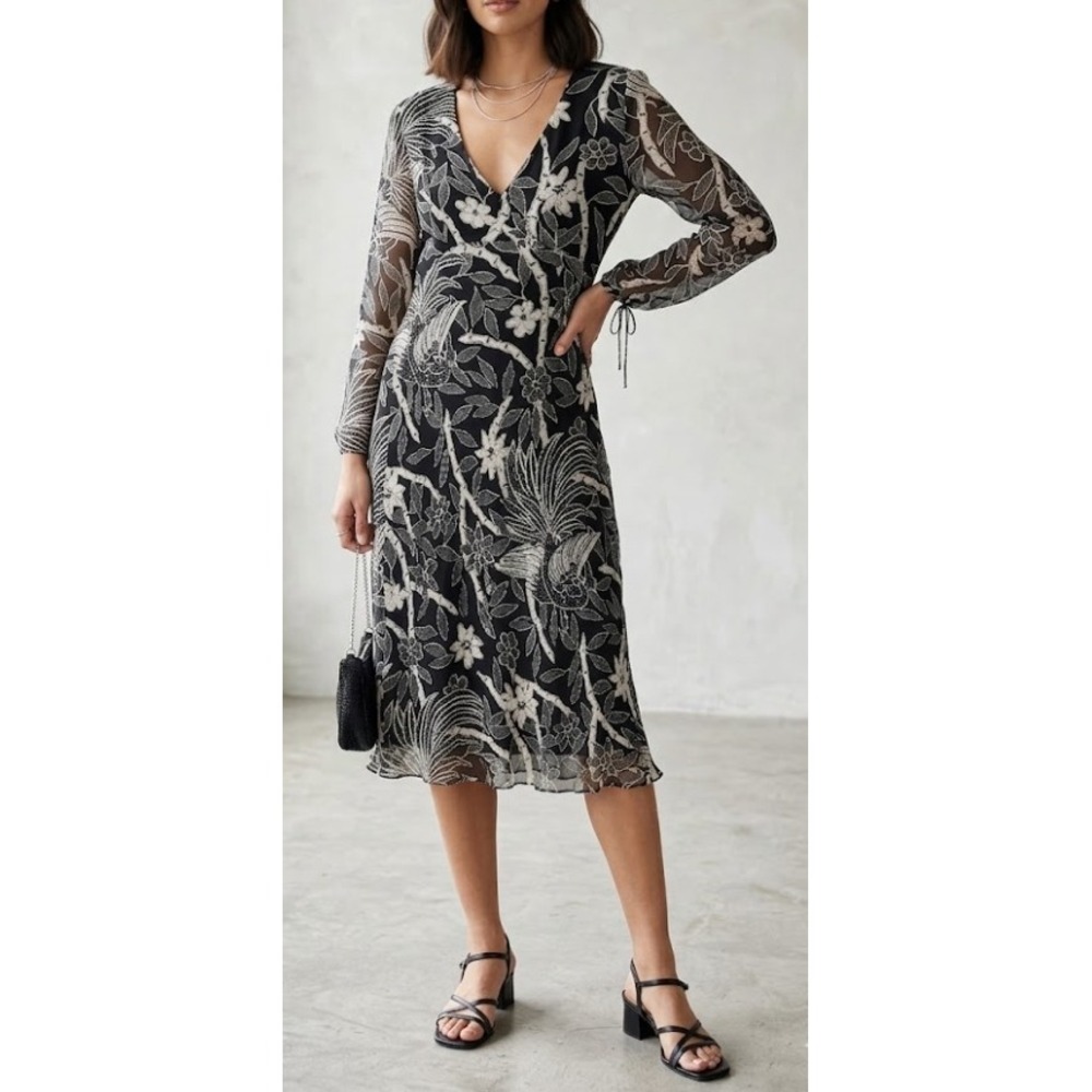 Ice Womens Y2K 90s Dress 100% Silk Beaded Tropical Floral Midi Dress Size 10